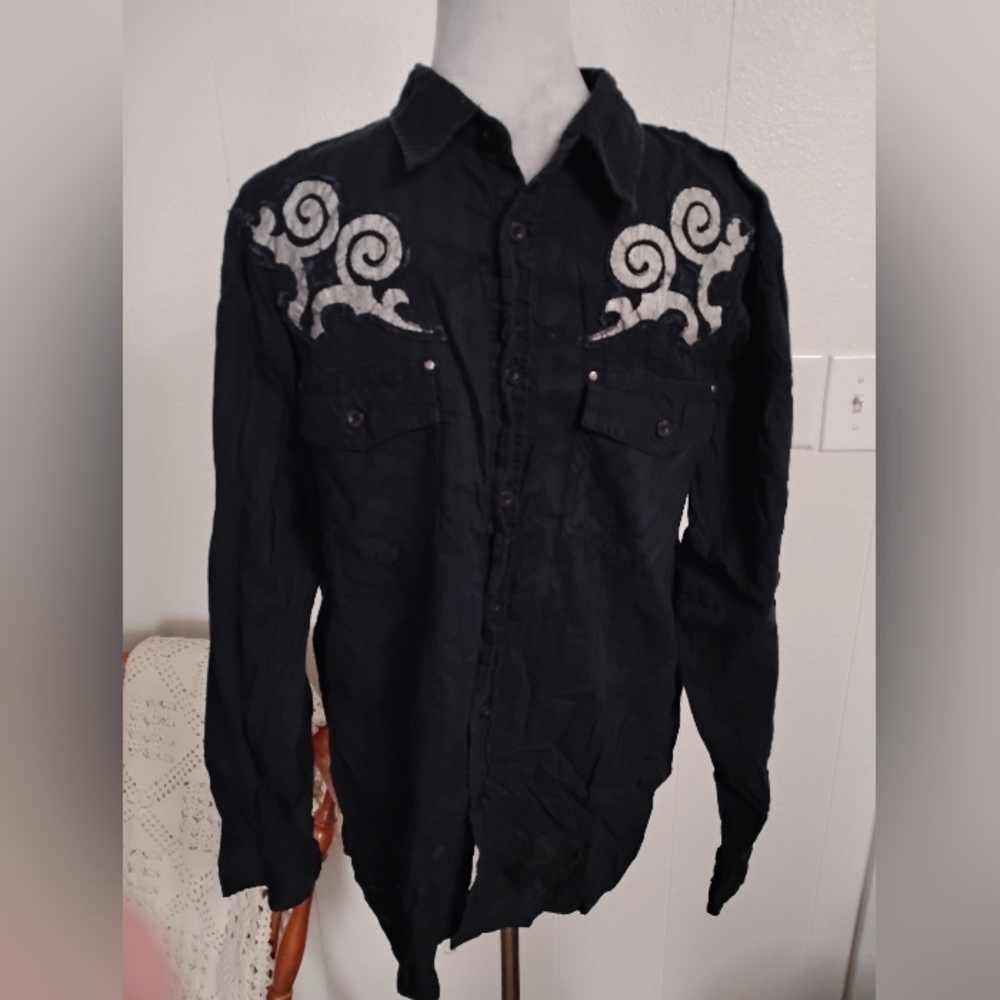 Men's Black Long Sleeve Button Up Shirt  Large Skater Grunge Y2k